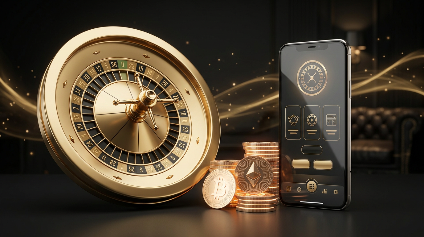Luxusní herní prvky jako ruletové kolo, krypto mince a smartphone v elegantním prostředí
