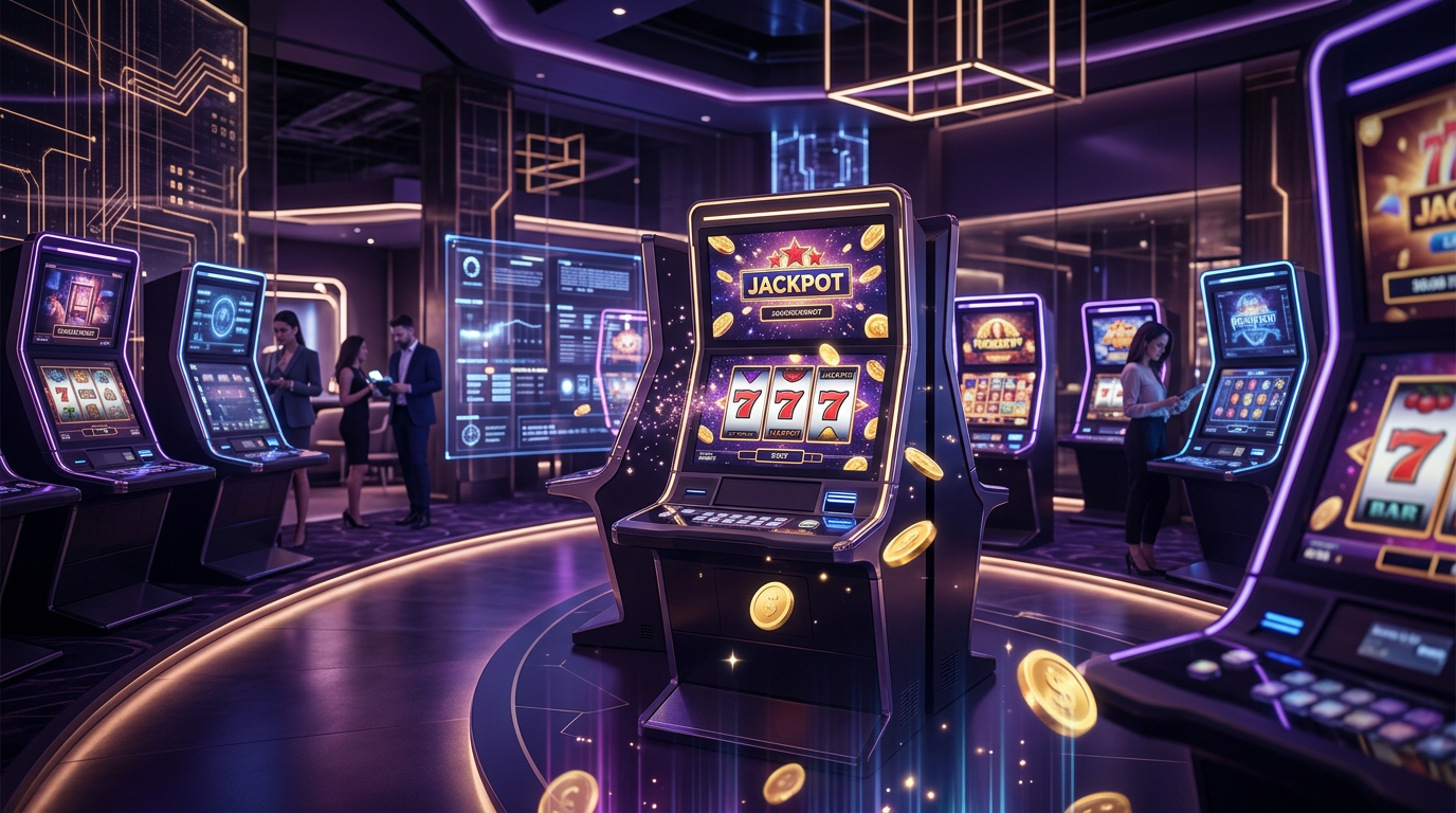 Futuristické online kasino s hracími automaty a neonovými světly