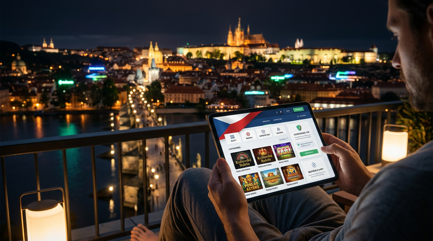 Digitální rozhraní bezpečného českého online kasina s panoramatem Prahy