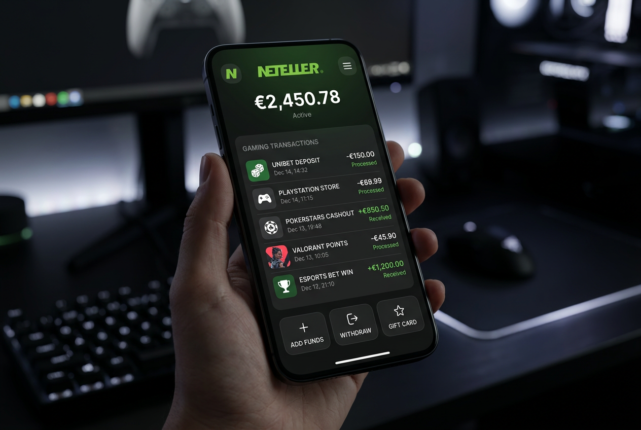 Mobilní telefon zobrazující rozhraní Neteller pro platbu v online casinu v roce 2026