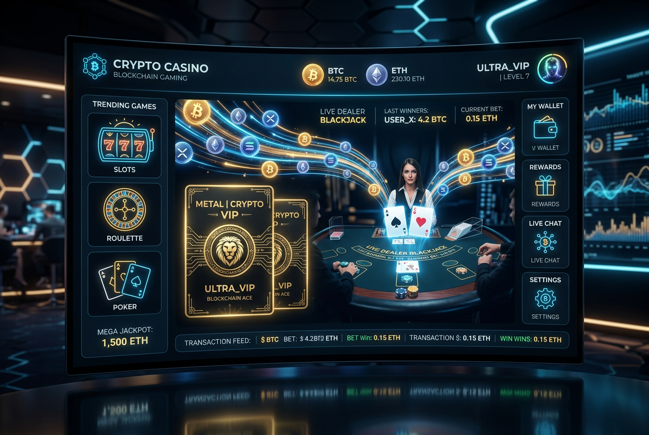 Futuristické rozhraní krypto kasina Vegazone s digitálními mincemi a VIP kartami